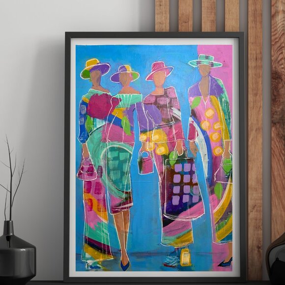 Colorful Original Acrylic Painting Ladies Strike A Pose on Canvas Sheet Wall Art - Picture 2 of 8